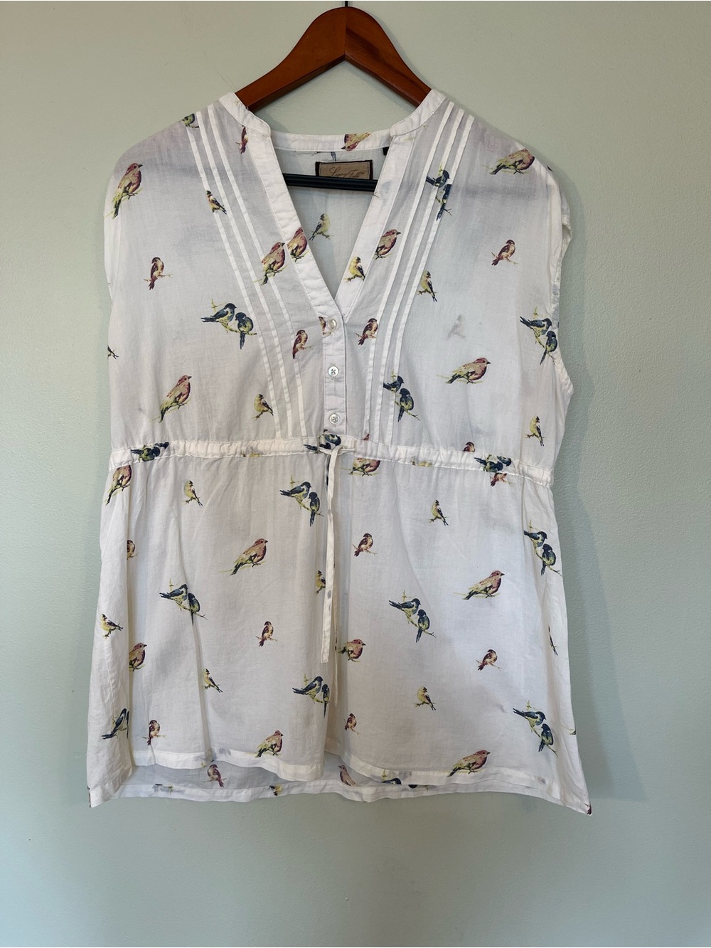 Legacy Falls Bird Print Pintuck Sleeveless Tunic Blouse White Cottagecore M
